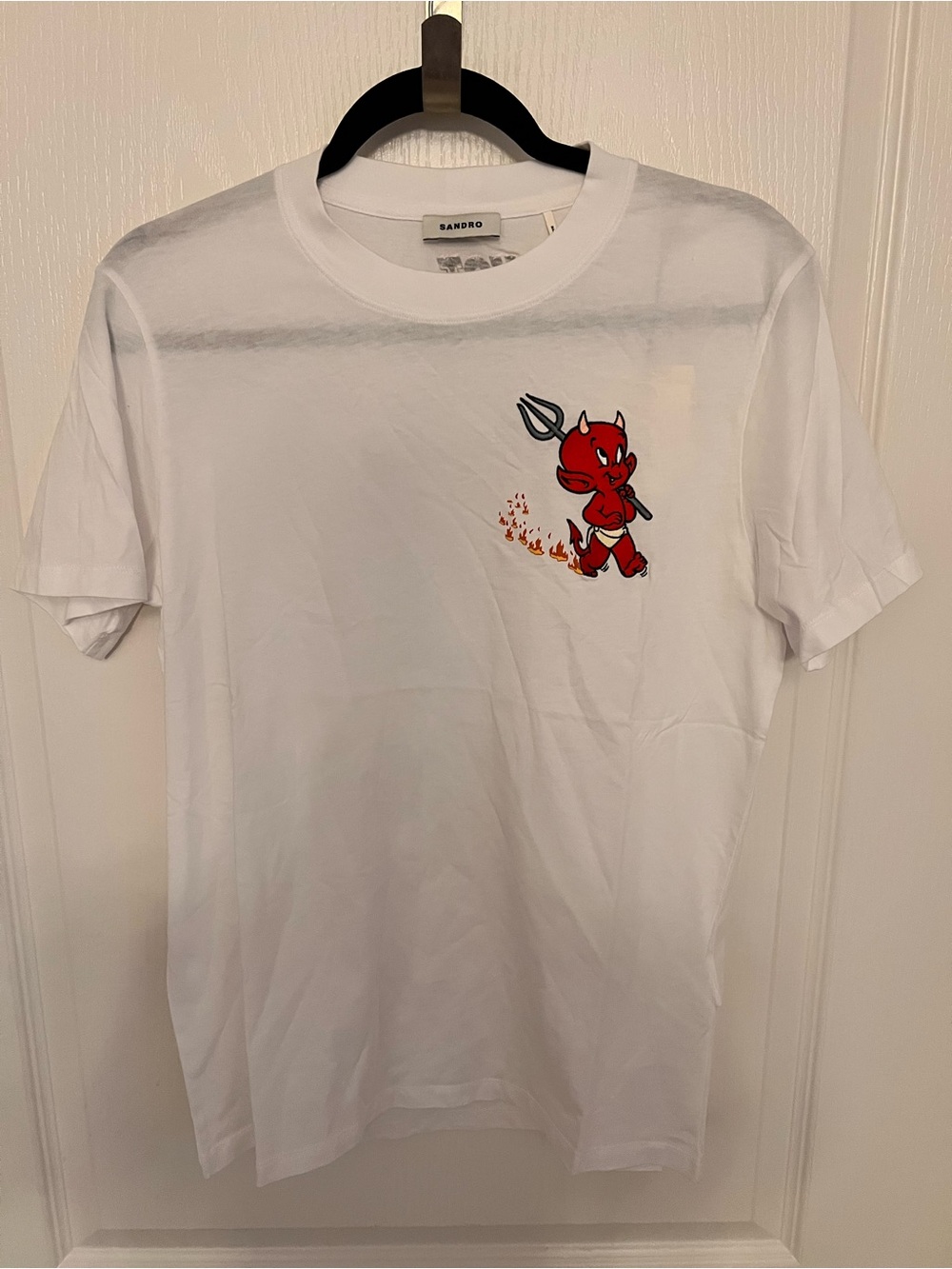 Sandro White Tee with Red Devil Graphic